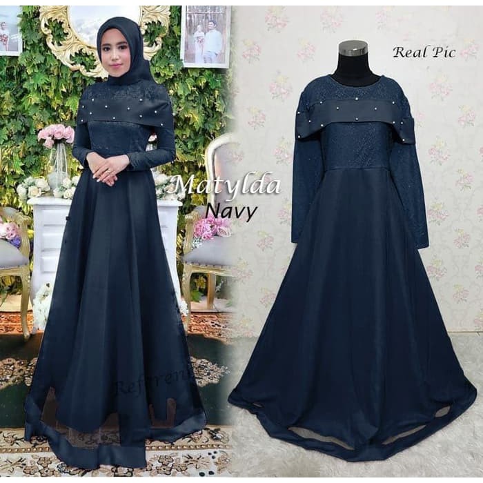 122168 Gamis Pesta Mutiara Matylda Navy Shopee Indonesia