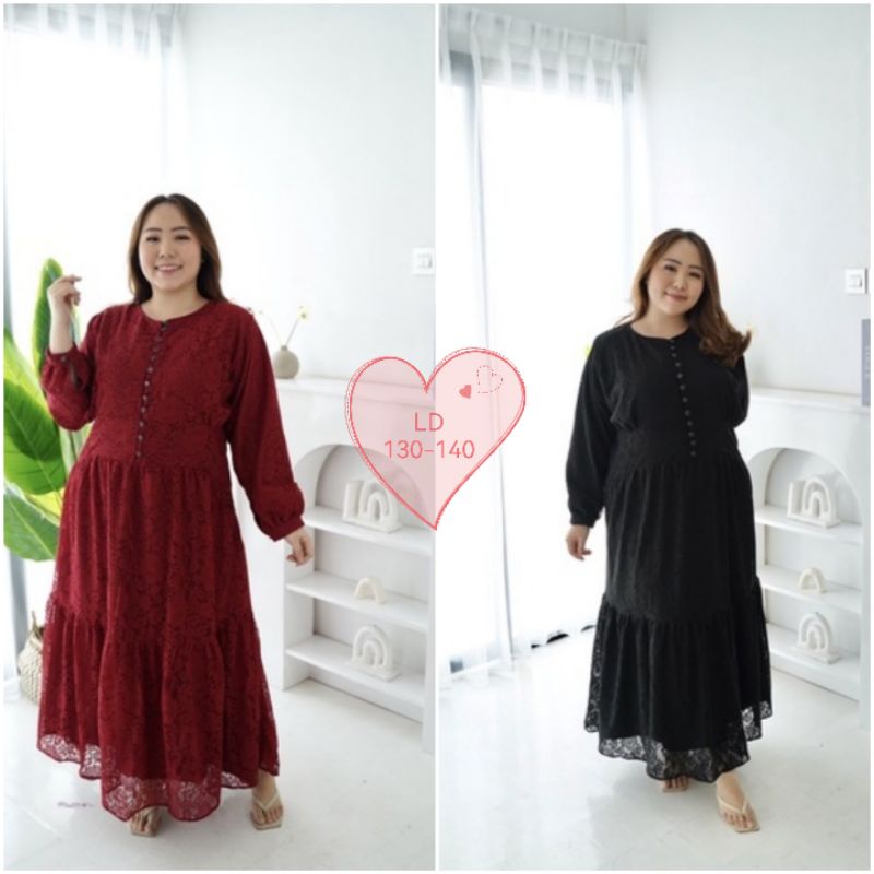 SUPER JUMBO DRESS PESTA WANITA BROKAT PREMIUM FIT LD 130-LD 140