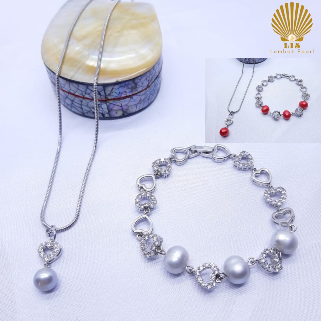 Marylin Necklace Set Kalung dan Gelang Mutiara Tawar Lombok Hias Spacer Hati
