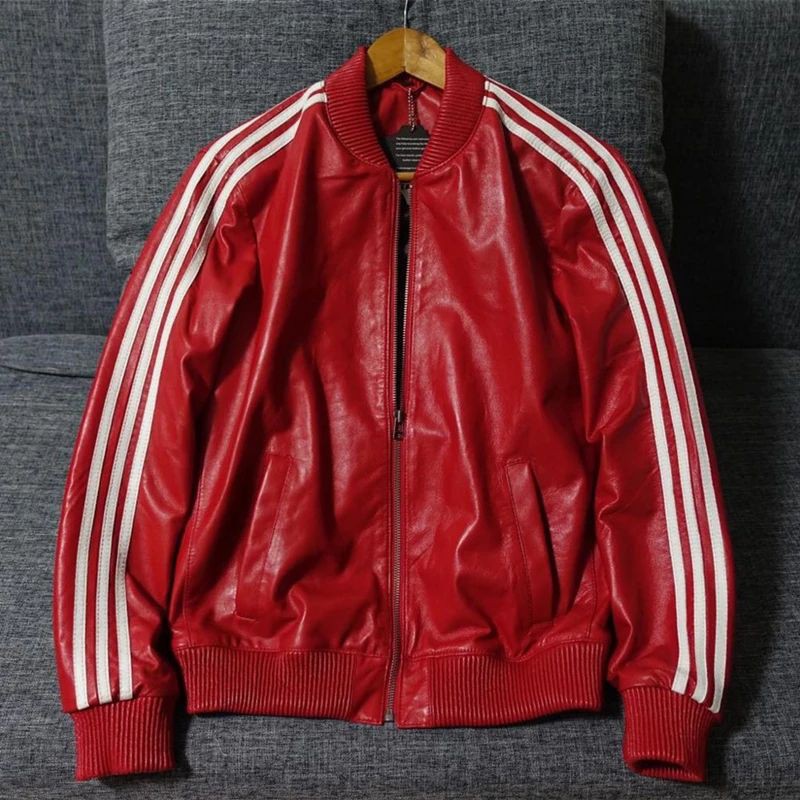 JAKET KULIT ASLI DOMBA BOMBER MOTIF ADIDAS | JAKET KULIT SPORT | JAKET KULIT PRIA ORIGINAL