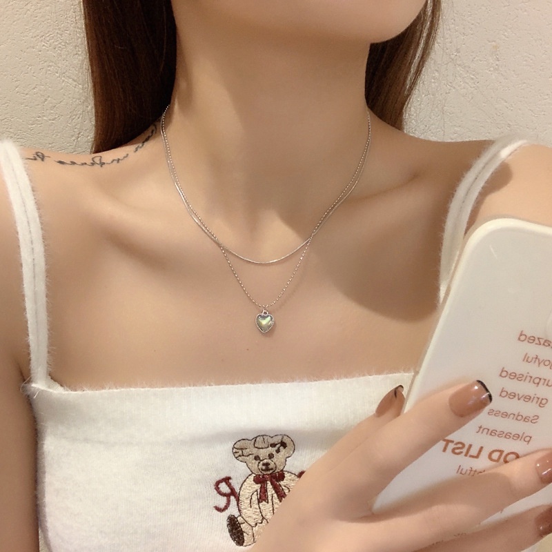 Kalung Rantai Desain Hati Ganda Bahan 925 Sterling Silver Gaya Korea Untuk Wanita