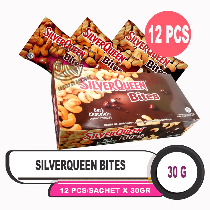 

SILVERQUEEN BITES 1 BOX ISI 12 PCS X 30GR, COKLAT SILVERQUEEN BITES 30 GRAM MILK CHOCOLATE ALMOND CASHEW DARK 30 GR