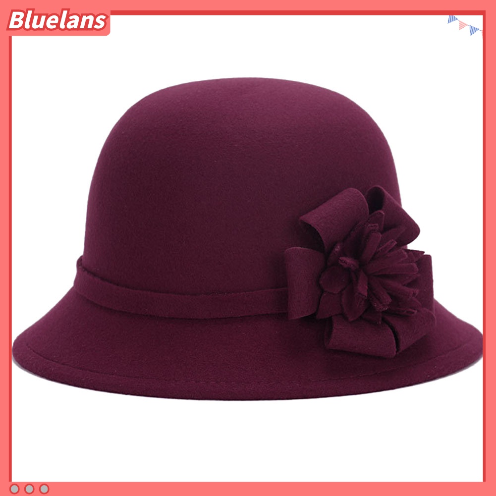 Bluelans Topi Bowler Bahan Wol Imitasi Warna Polos Aksen Bunga Gaya Vintage Untuk Wanita