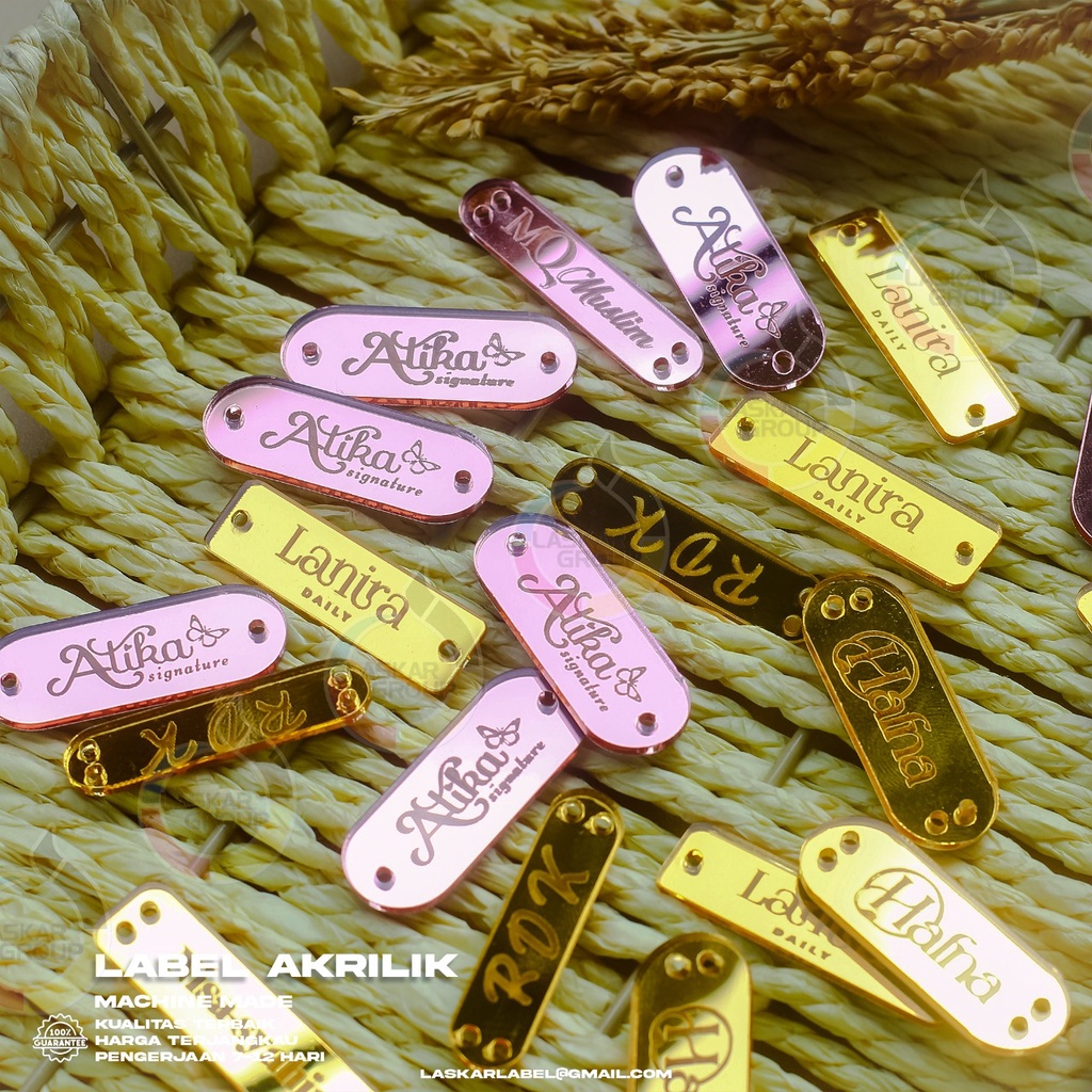 minimal order 100 pcs / label akrilik / akrilik hijab / lebel hijab / label amis / aksesories pakaian