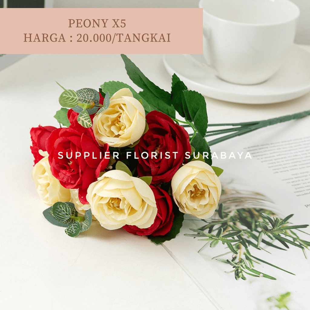 BUNGA PEONY KECIL CABANG 5 @2 KEPALA, TOTAL 10 KEPALA BUNGA ARTIFICIAL FLOWER BUNGA MAINAN BUNGA PALSU