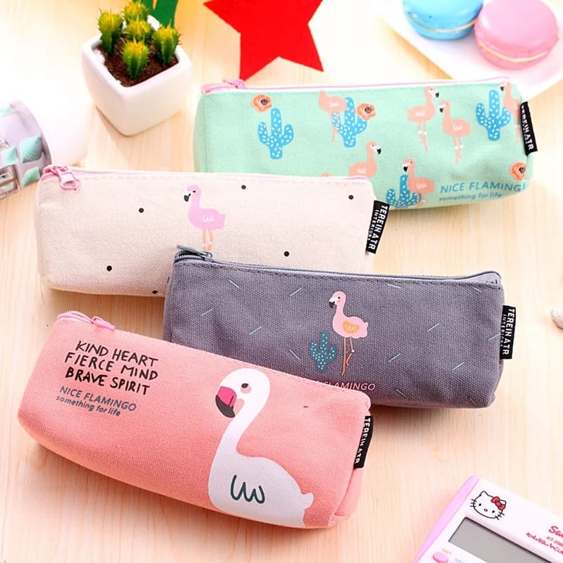 Kotak Pensil Bahan Kanvas Flamingo Import Quality / Tempat Penyimpanan Alat Tulis Gaya Korea Live