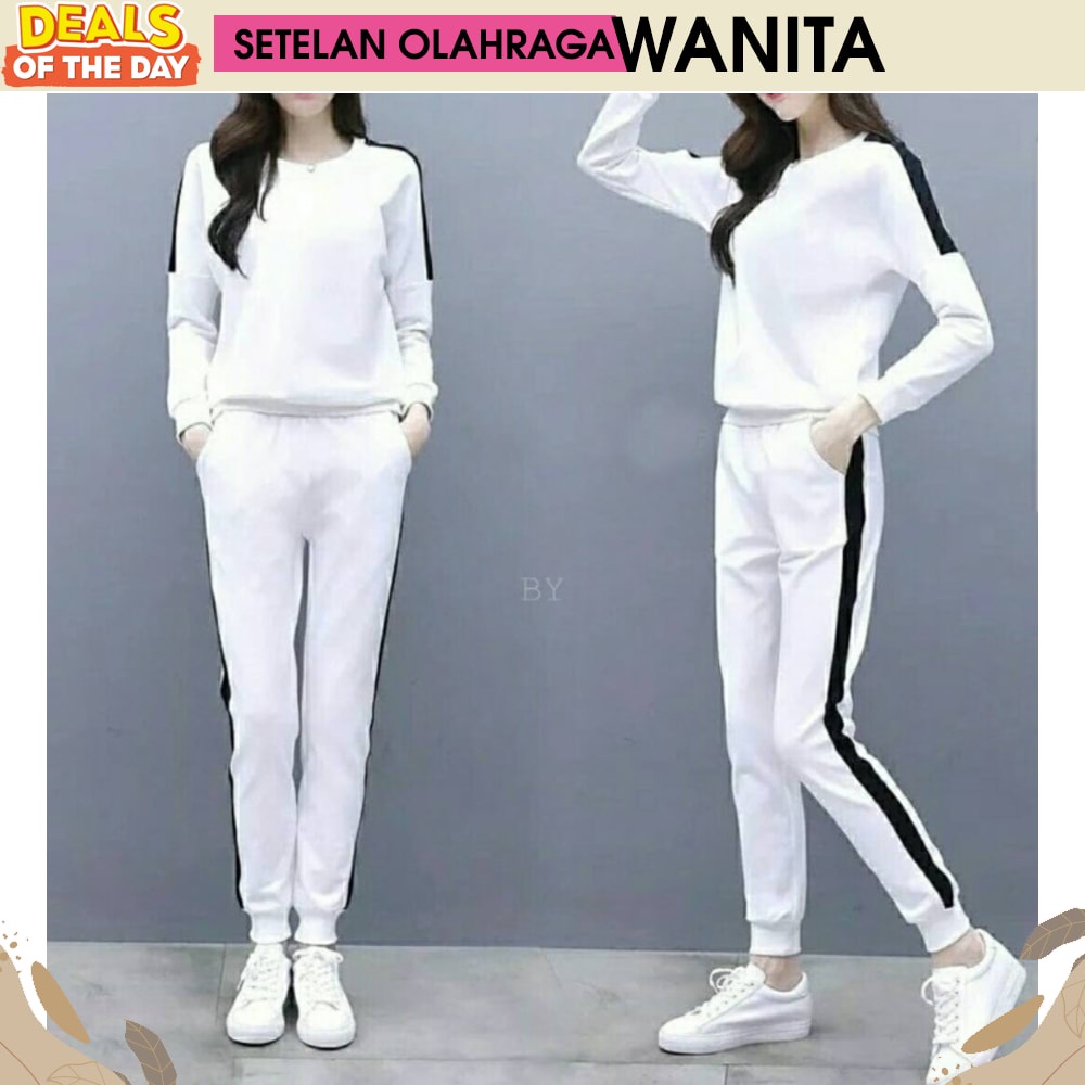 READY Baju Senam Setelan Aerobic Zumba Lapangan Cycling Hijab Muslimah Panjang Training Putih Hita