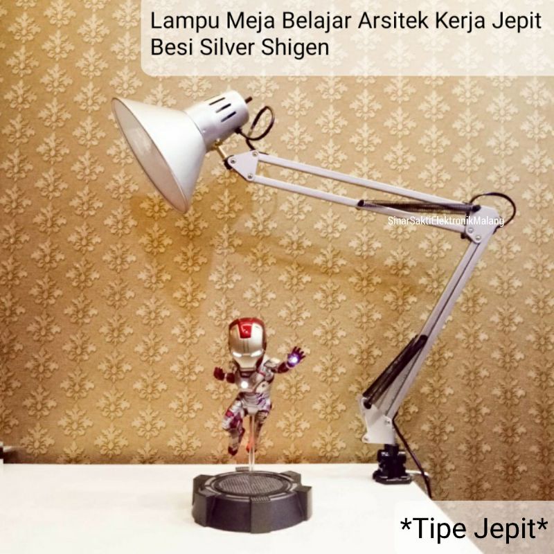 Lampu Meja Belajar Arsitek Kerja Jepit Besi Silver Shigen Abu Abu