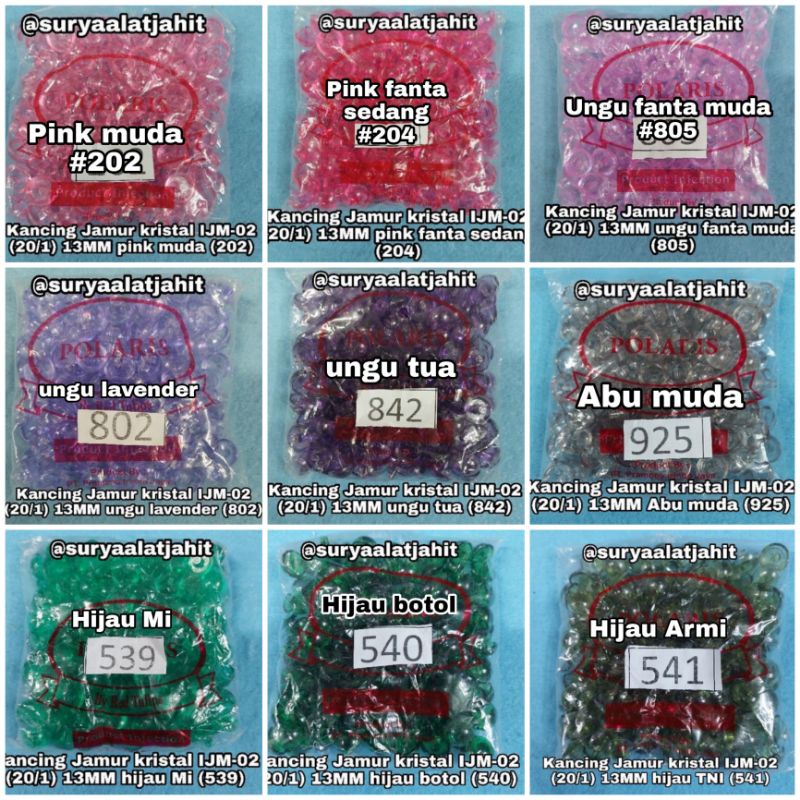 Kancing Jamur kristal 20L/1.2cm (IJM-02) @1gros =rp.6.500/144pcs