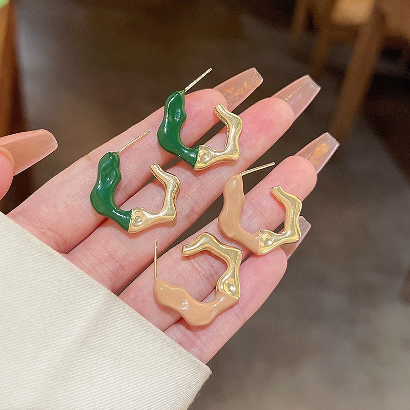 Anting Tusuk Bentuk C Geometris Warna Hijau Bahan 925 silver Gaya Retro Perancis