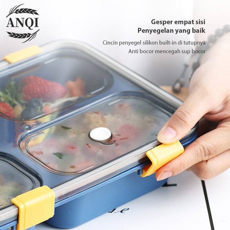 ANQI 1888 Kotak makan 3/4 Grid Lunch Box/Tempat Makan Dan free Sendok/Anti bocor 850ml/1300ml