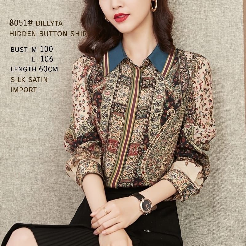 MDLV ~ 8051 BILLYTA HIDDEN BUTTON SHIRT BLOUSE KOREA KEMEJA KOREA ATASAN BATIK BLOUSE PREMIUM IMPORT