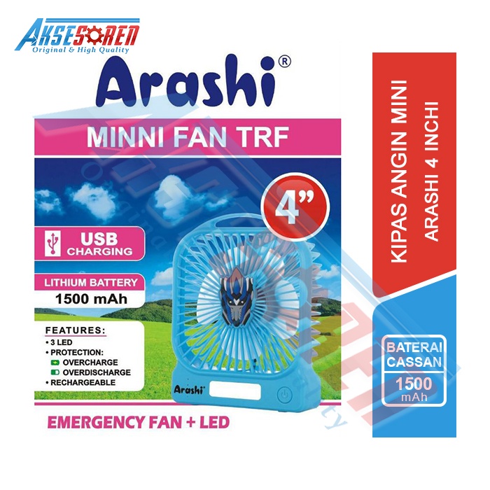 Kipas Angin Mini Arashi + Lampu Led [4" Inch] / Kipas Kecil Casan / Emergency Fan Charger
