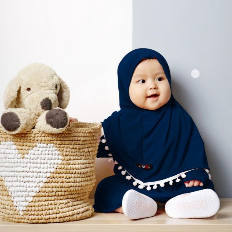 Baju Anak Perempuan Gamis Bayi Hijab Pom Pom 0-2 Tahun Katun Polos Adem Gemoy