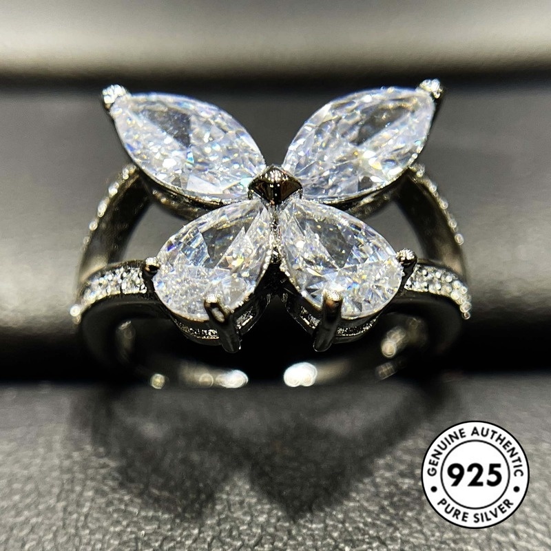 Cincin Desain Kupu-Kupu Aksen Berlian Bahan S925 Sterling Silver