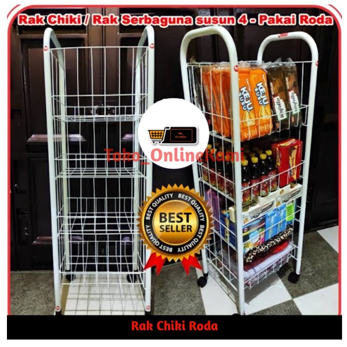Rak Chiki Roda/Rak Display/Keranjang Chiki/Rak Jajan/Rak Serbaguna 4 Susun Pakai Roda/Rak Toko