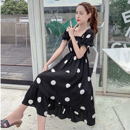 Bj-7017 import Polkadot Maxi Dress Model Lengan Pendek Puff Dress Import