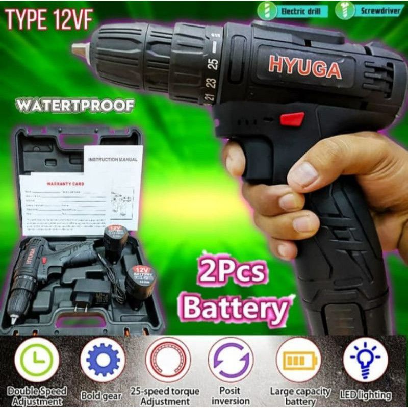 Mesin bor baterai 12v hyuga uchiha cordless drill full set koper