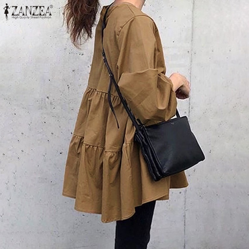 ZANZEA Women Vintage Loose Long Puff Sleeve Casual Pleated Blouse