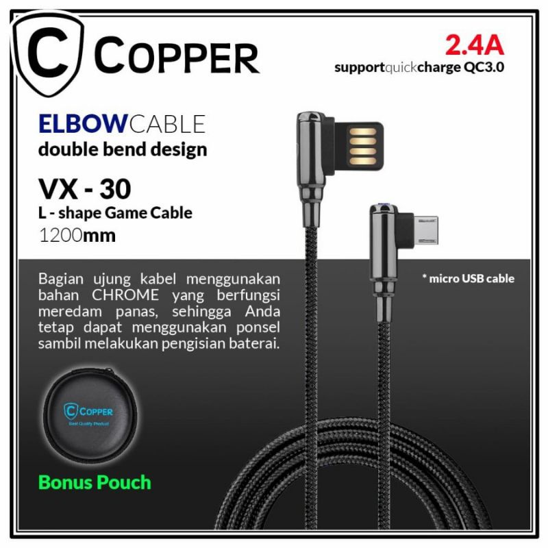 COPPER VX-30 Kabel Data Gaming Elbow Chrome Micro USB Fast Charging