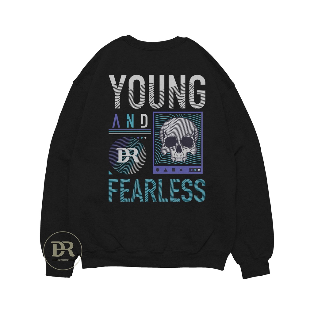DEZIROSE Sweater Crewneck Young Fearless Pria &amp; Wanita Distro Fleece Tebal Hitam Premium Size M-XXL