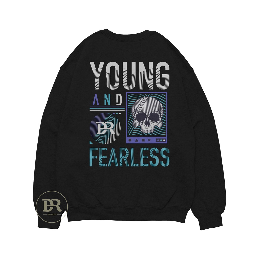 DEZIROSE Sweater Crewneck Young Fearless Pria &amp; Wanita Distro Fleece Tebal Hitam Premium Size M-XXL