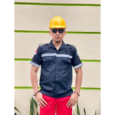 Baju Safety Lengan Pendek + Logo K3 + Logo Bendera Merah Putih warna biru dongker