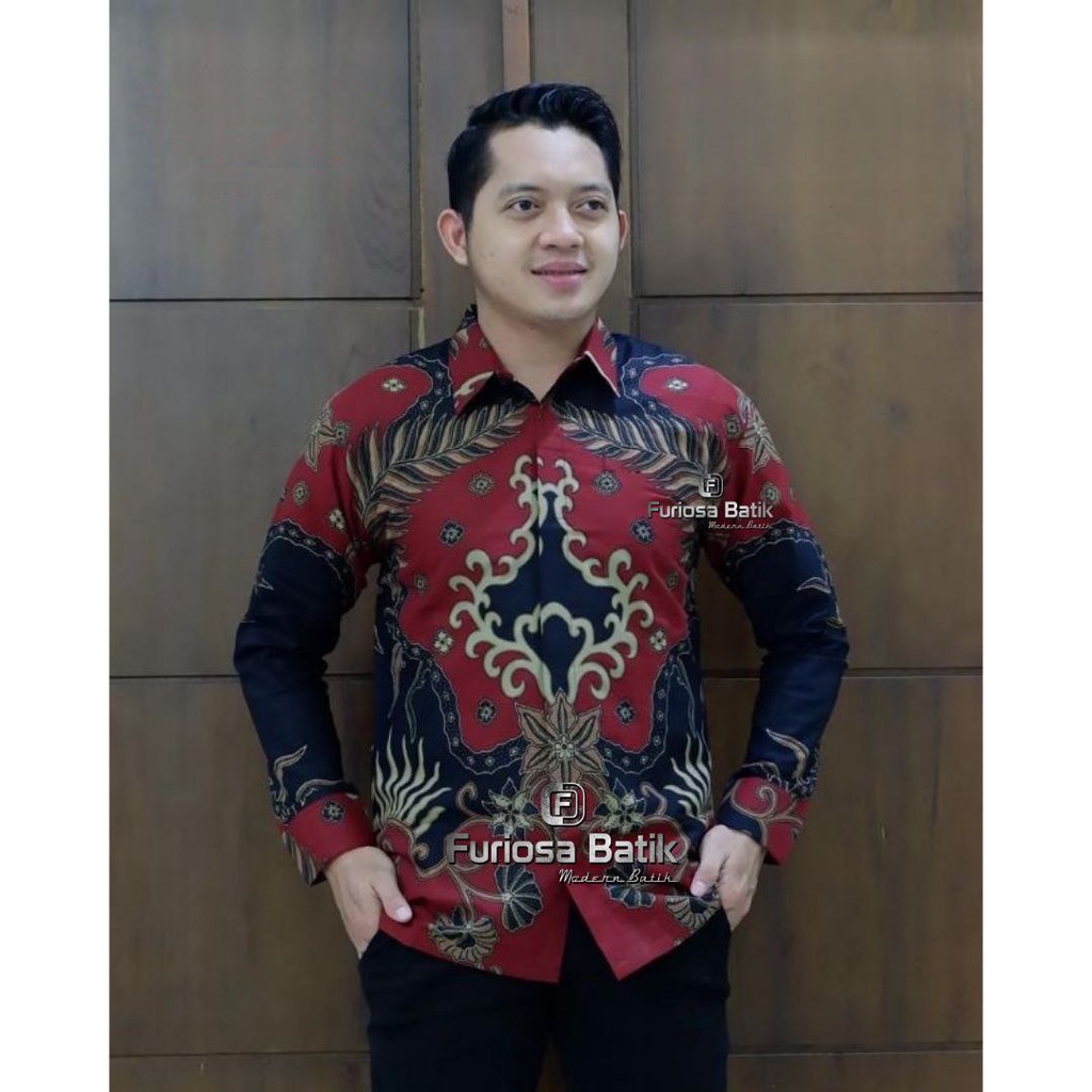 FURIOSA BATIK MAHKOTA MERAH BAJU BATIK PRIA KEMEJA BATIK PRIA LENGAN PANJANG UKURAN M L XL XXL