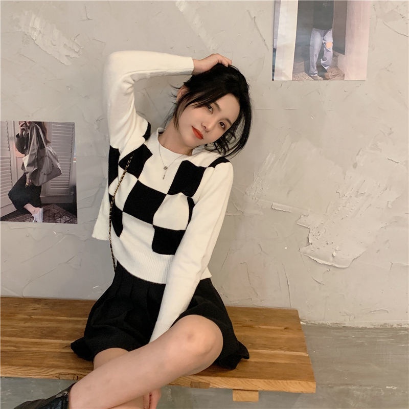 rajut crop top kotak kotak lengan panjang atasan import sweater korea