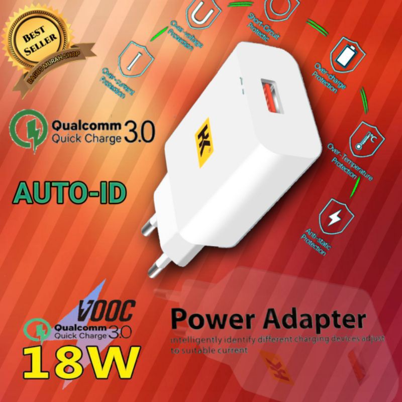 Charger Quick Charge 3.0+VOOC 18W Fast Charging + kabel micro usb 2.4A AUTO-ID 9V