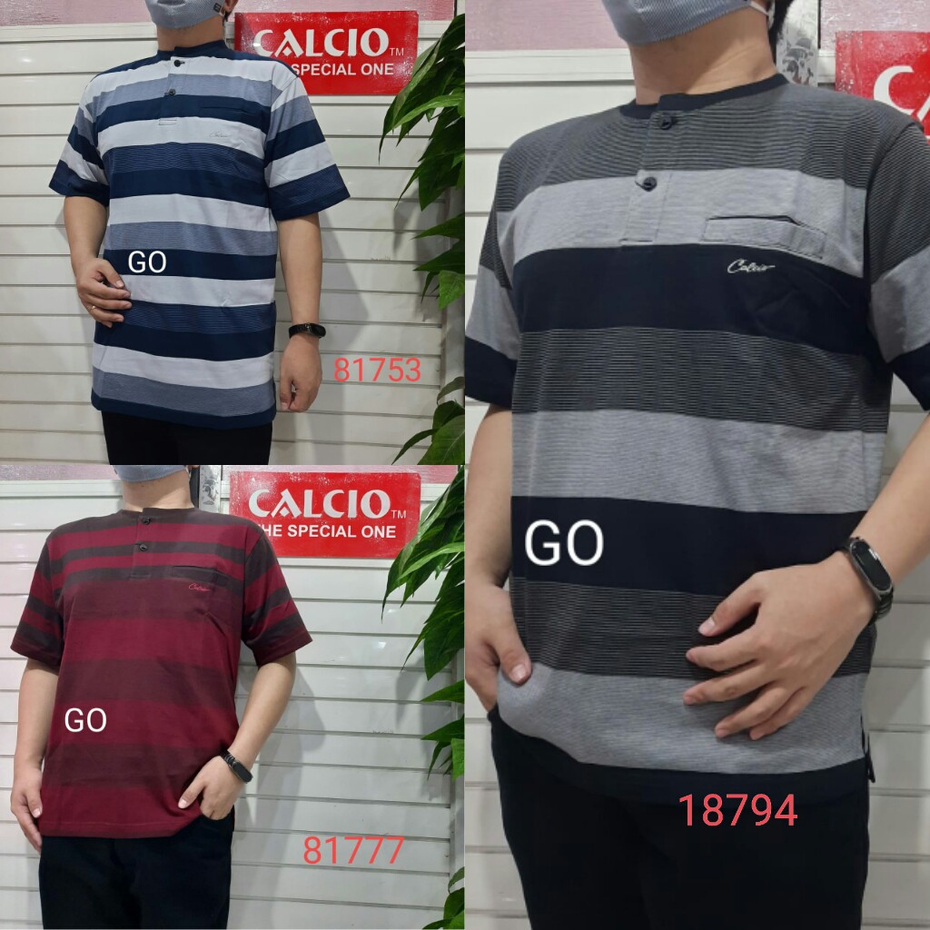 gof XL CALCIO OBLONG KANCING Kaos Pria Laki-Laki Oblong Garis-Garis Lengan Pendek Saku Salur