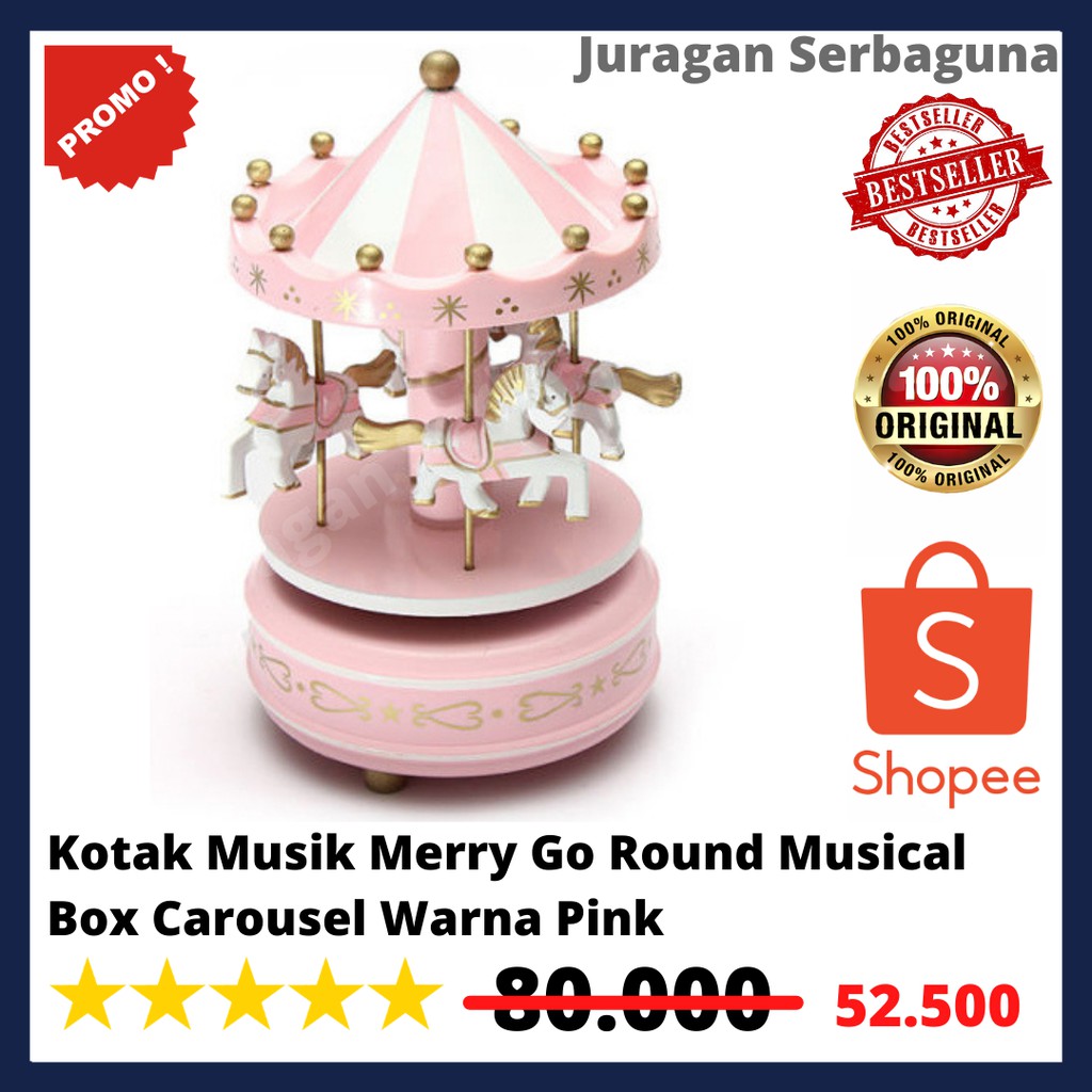 Kotak Musik Merry Go Round Musical Box Carousel Warna Pink