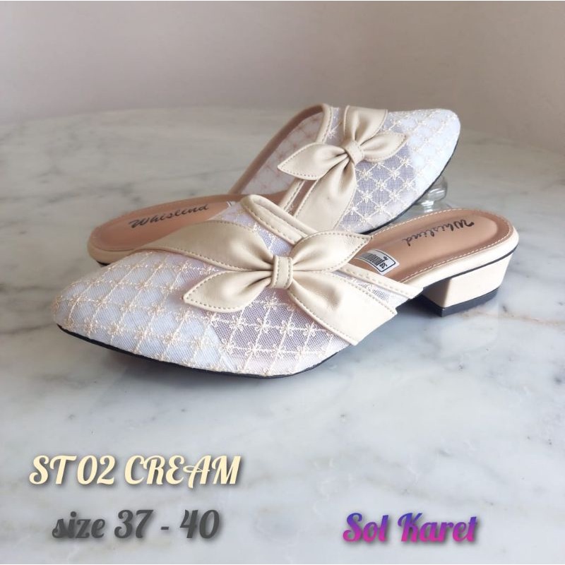 WHISLIND SEPATU SENDAL HAK 3 CM PITA BROKAT JALA ALAS KARET MULES