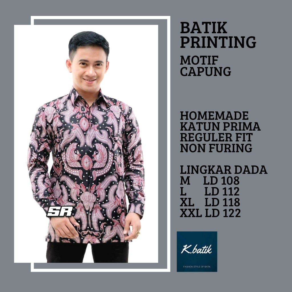 KEMEJA BATIK PRIA LENGAN PANJANG MOTIF CAPUNG MERAH BATIK MODERN BATIK SERAGAMAN KANTORAN BATIK PEKALONGAN BATIK KATUN