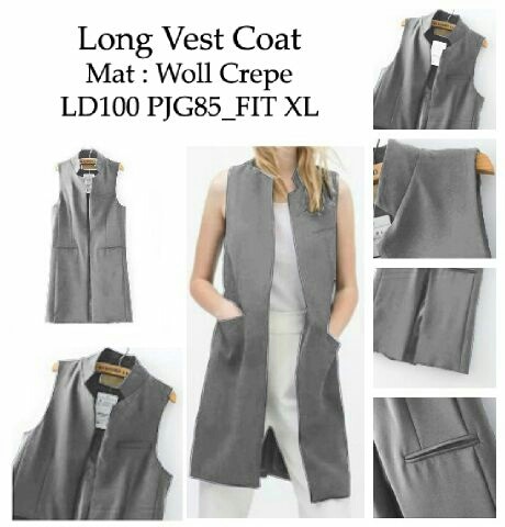 [long vest coat grey RO] vest wanita woll crepe abu abu