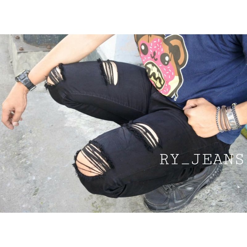 Celana jeans pria sobek dua sisi celana hitam panjang pria ripped jeans celana slimfit