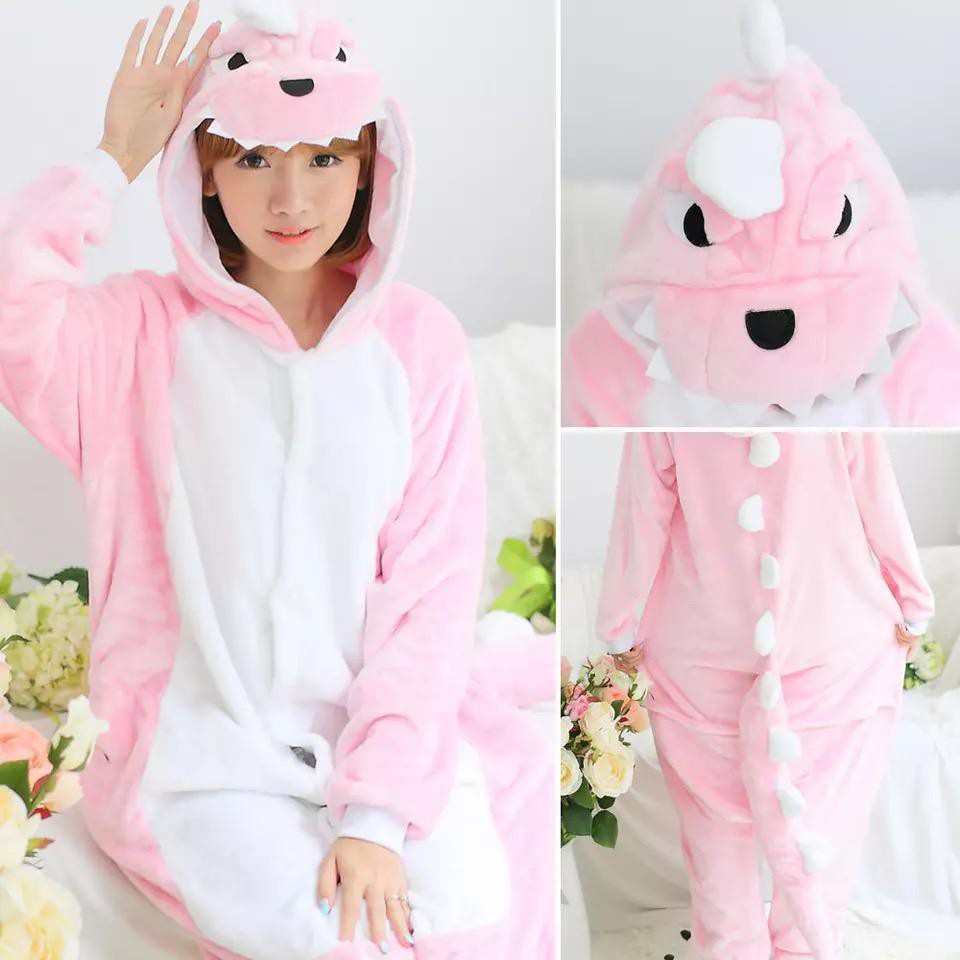 BAJU TIDUR KOSTUM ONESIE KIGURUMU PIYAMA DEWASA KARAKTER - DINO DINOSAURUS PINK UNIK