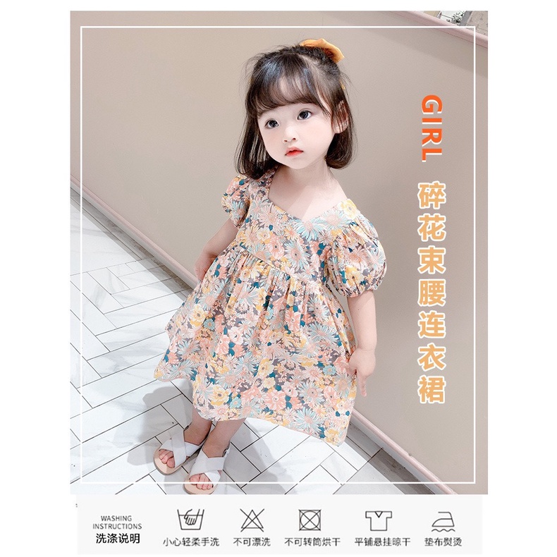 Dress Anak Perempuan Korean Fashion Floral Printed Short Sleeve Gaun