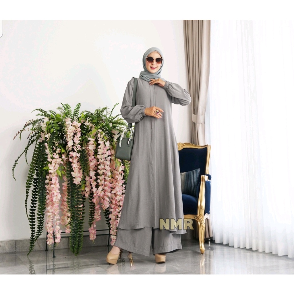 Fashion Wanita Muslim NMR by Namira Tunik Crinkle Stelan Tunik Celana Rayon Crinkle Vol 1255 Warna Abu Abu