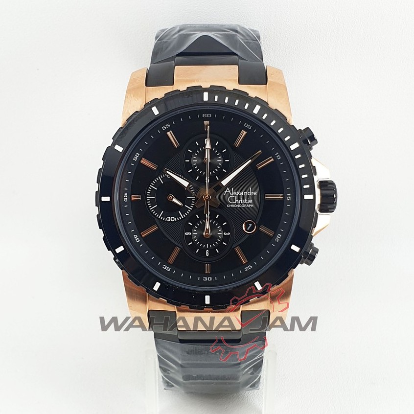 Alexandre Christie AC 6141 MCBBRBA / AC6141 MC BBRBA Jam Tangan Pria Rantai Steel Hitam Rosegold