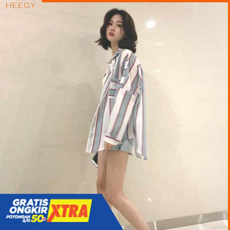 Kemeja Wanita Lengan Panjang Motif Garis-Garis Gaya Wanita Korea