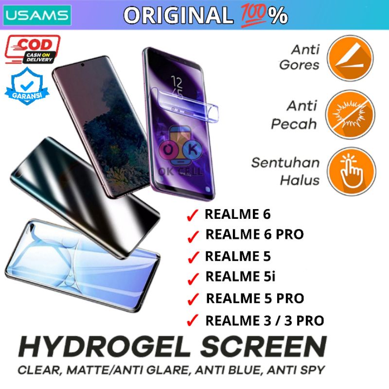 USAMS Hydrogel Anti Gores Blue Light Matte Glare Spy Realme 3 5 5i 6 Pro Full Layar Screen Protector