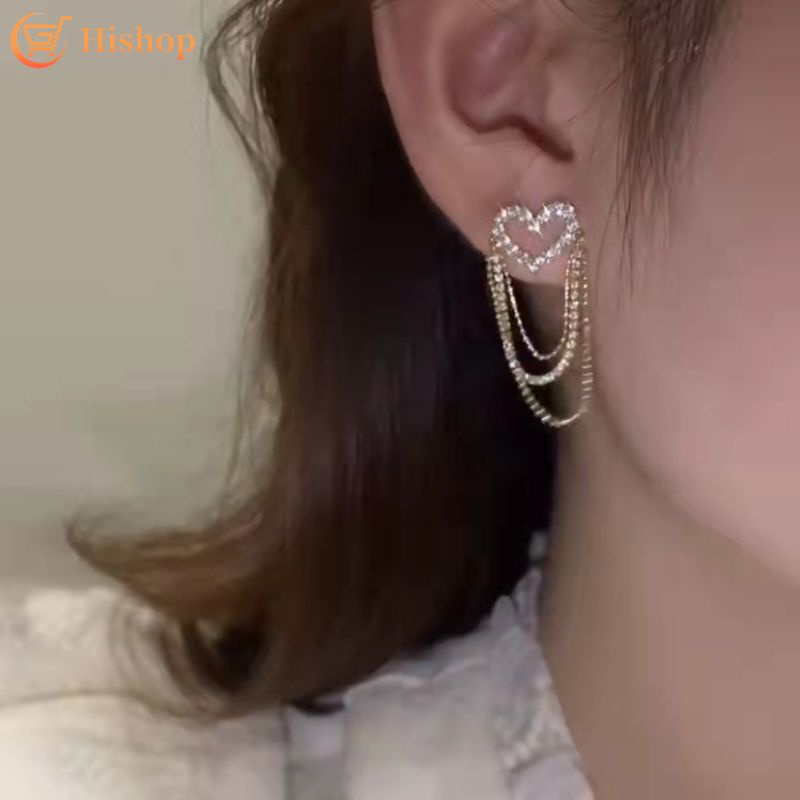 Anting Stud Rumbai Bentuk Hati Aksen Kristal Warna Emas Untuk Wanita