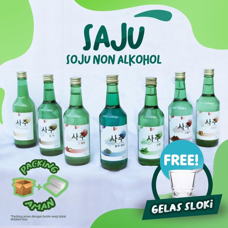 MINUMAN SOJU/ MOJISO SOJU / SOJU HALAL/ SOJU NON ALKOHOL 100% HALAL FREE GELAS SLOKI