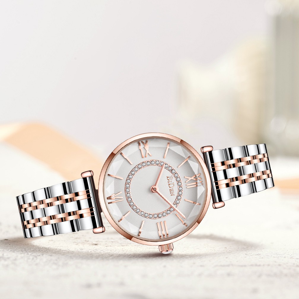 BIDEN Jam Tangan Wanita Mode Santai Tali Stainless Steel Display Kuarsa Tahan Air Jam Tangan Cewek-2