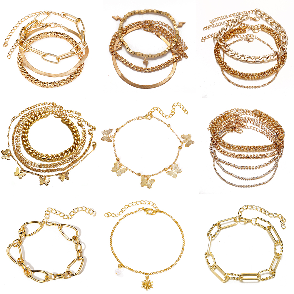 Butterfly Gelang Rantai Emas Multilayer Desain Kupu-Kupu Aksen Berlian Gaya Retro Untuk Wanita
