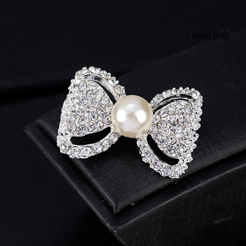 OW@ Lady Fashion Bowknot Shiny Rhinestone Imitation Pearl Scarf Dress Brooch Pin