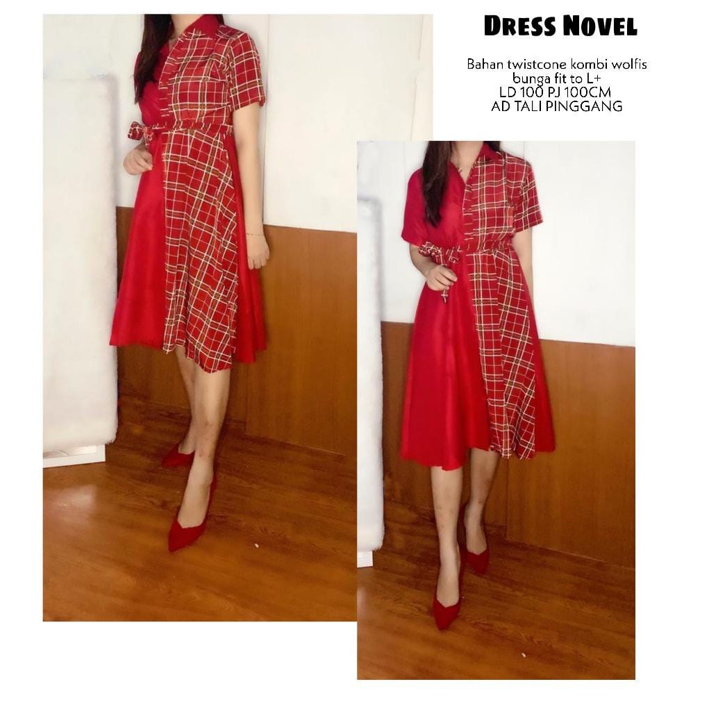 B03 Dress novel  Bahan twistcone kombi wolfis bunga fit to L+. LD 100 PJ 100CM.AD TALI PINGGANG