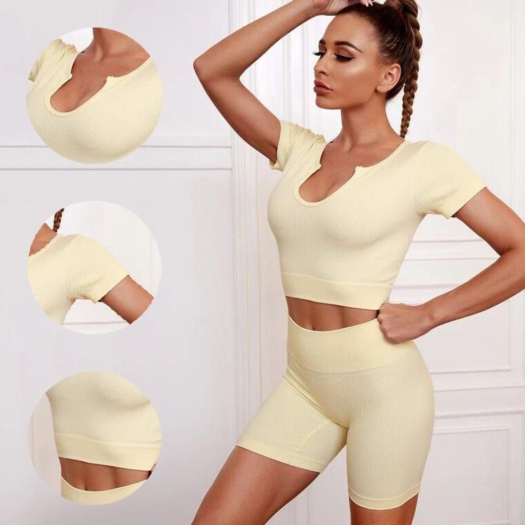 Crop top set sport bra legging rib knit pakaian dalam yoga gym fitness baju luar celana ketat pendek