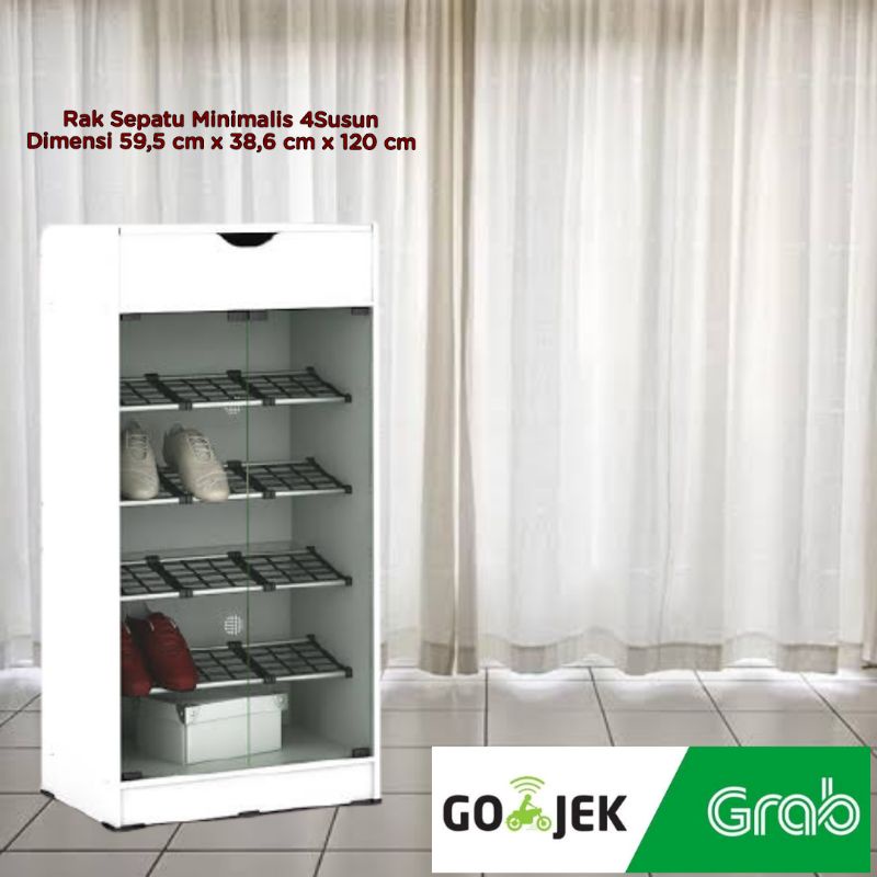Rak sepatu minimalis 4 susun putih / Rak sandal 4 susun pintu kaca